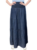Baby'O Women's' Long Ankle Length Smocked Waist Summer Weight Denim Tiered Western Prairie Skirt
