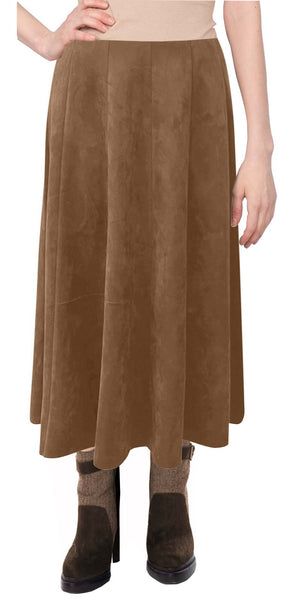 Baby O Womens Midi Length Faux Suede Western Style Stretch Panel Flare Skirt