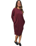 Baby'O Women's Brushed Sweater Knit Pleated Front Slouch Pocket Midi Dress