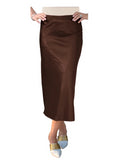 Stretch Satin Slip Lined Bias Cut Ankle Length Skirt Brown