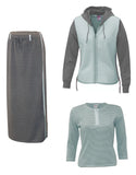 Turkish Cotton French Terry Three Piece Hoodie Athletic Jacket Ankle Length Skirt Set Gray Blue