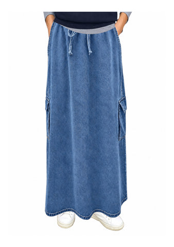 Women's 100% Cotton Lightweight Denim Cargo Pocket Maxi Skirt