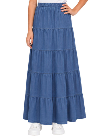 Girl's Ankle Length Long Denim 5 Tiered Skirt 4 to 18 years old