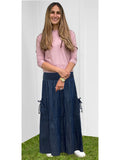 Baby'O Women's' Long Ankle Length Summer Weight Cargo Pocket Denim Tiered Prairie Skirt