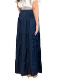 Baby'O Women's' Long Ankle Length Summer Weight Cargo Pocket Denim Tiered Prairie Skirt