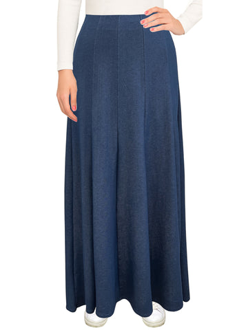 Women's Lightweight Faux Denim Stretch Knit Ankle Length 12 Panel Skirt