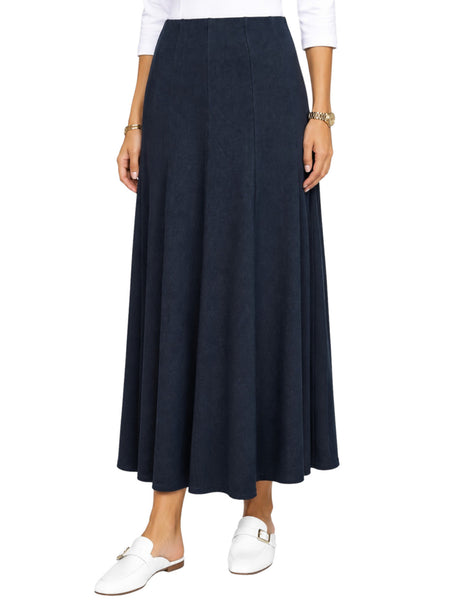 Women's Lightweight Faux Denim Stretch Knit 34" MIdi/Ankle Length 12 Panel Skirt