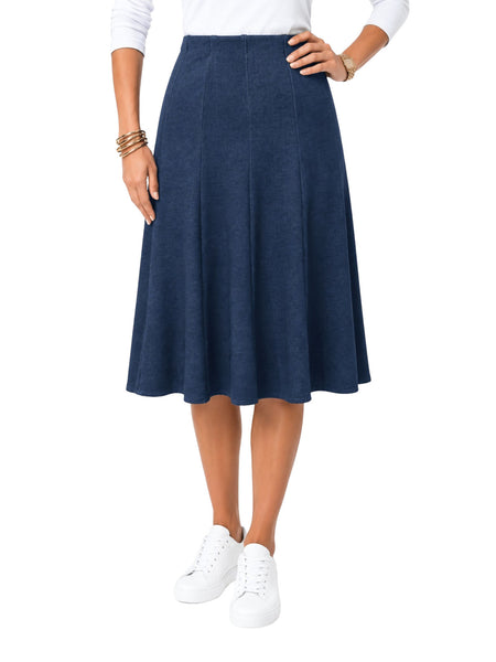 Women's Lightweight Faux Denim Stretch Knit Below-the-Knee 12 Panel Skirt