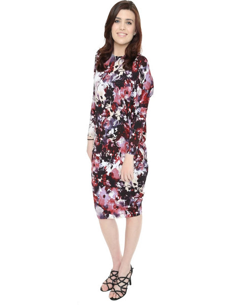 Women's Floral Print Long Sleeve Comfy Cover Up Knee Length Dress (Petite Size)
