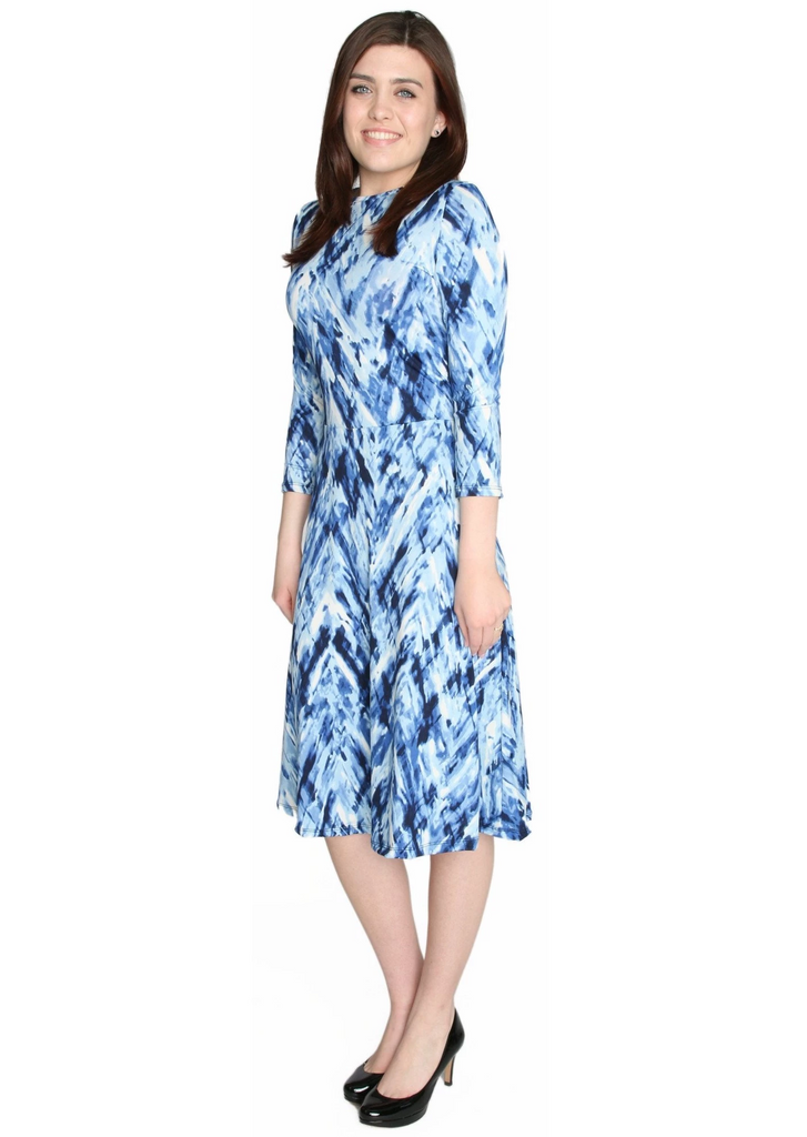 Baby'O Clothing Women's Abstract Paintstroke Printed Fit and Flare Midi Length Dress, Size: Medium, Blue
