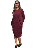 Brushed Sweater Knit Pleated Front Slouch Pocket Modest Dress Burgundy