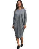 Brushed Sweater Knit Pleated Front Slouch Pocket Modest Dress Gray