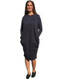 Brushed Sweater Knit Pleated Front Slouch Pocket Modest Dress Charcoal