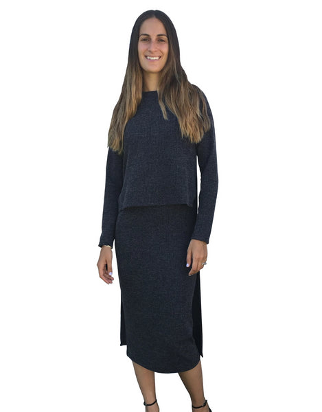 Women's Cropped Front Layered Sweater Knit Midi Tunic Dress