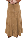 Women's Button Front Long Ankle Length Tiered Corduroy Maxi Skirt