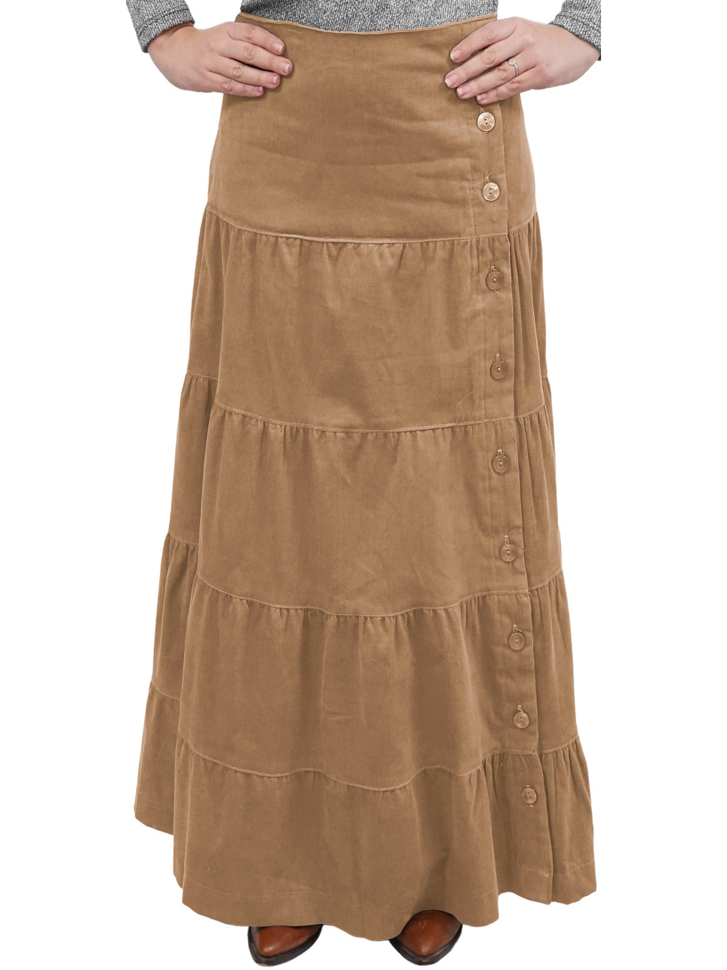 Women's Button Front Long Ankle Length Tiered Corduroy Maxi