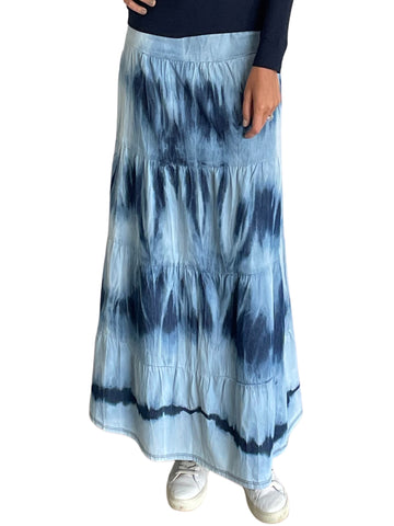 Women's Ankle Length Tie Dyed Tiered Long Denim Prairie Skirt