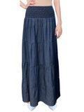 Baby'O Women's' Long Ankle Length Smocked Waist Summer Weight Denim Tiered Western Prairie Skirt