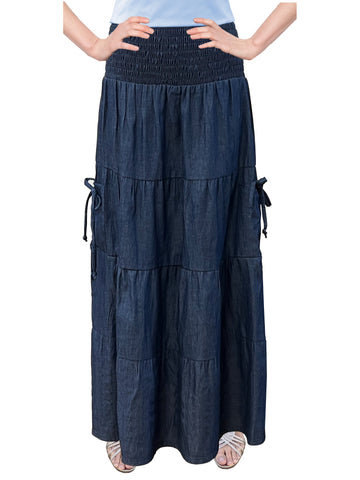 Baby'O Women's' Long Ankle Length Summer Weight Cargo Pocket Denim Tiered Prairie Skirt