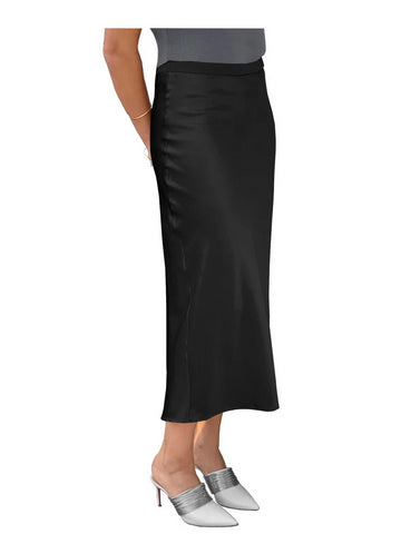 Stretch Satin Slip Lined Bias Cut Ankle Length Skirt Black