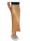 Stretch Satin Slip Lined Bias Cut Ankle Length Skirt Gold