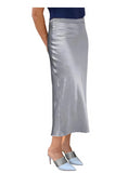 Stretch Satin Slip Lined Bias Cut Ankle Length Skirt Gray Silver