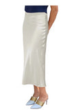 Stretch Satin Slip Lined Bias Cut Ankle Length Skirt Ivory