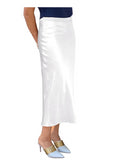 Stretch Satin Slip Lined Bias Cut Ankle Length Skirt White
