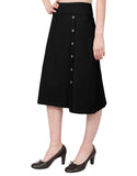 Women's Stretch Cotton Knit Faux Button Front Below the Knee A-Line Skirt
