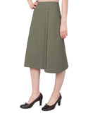 Women's Stretch Cotton Knit Faux Button Front Below the Knee A-Line Skirt
