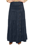 Women's Button Front Long Ankle Length Tiered Denim Prairie Skirt