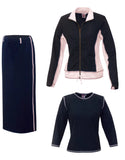 Turkish Cotton French Terry Three Piece Athletic Jacket Ankle Length Skirt Set Pink Blue