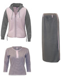 Turkish Cotton French Terry Three Piece Hoodie Athletic Jacket Ankle Length Skirt Set Pink Gray