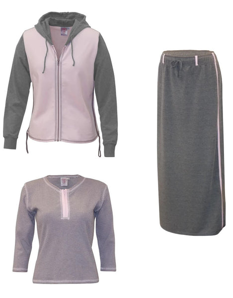 Turkish Cotton French Terry Three Piece Hoodie Athletic Jacket Ankle Length Skirt Set Pink Gray